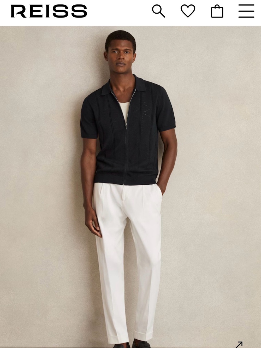Reiss Tay Pointelle-Knit Zip-Through Shirt in Navy Slim Collar Zipper Mens S